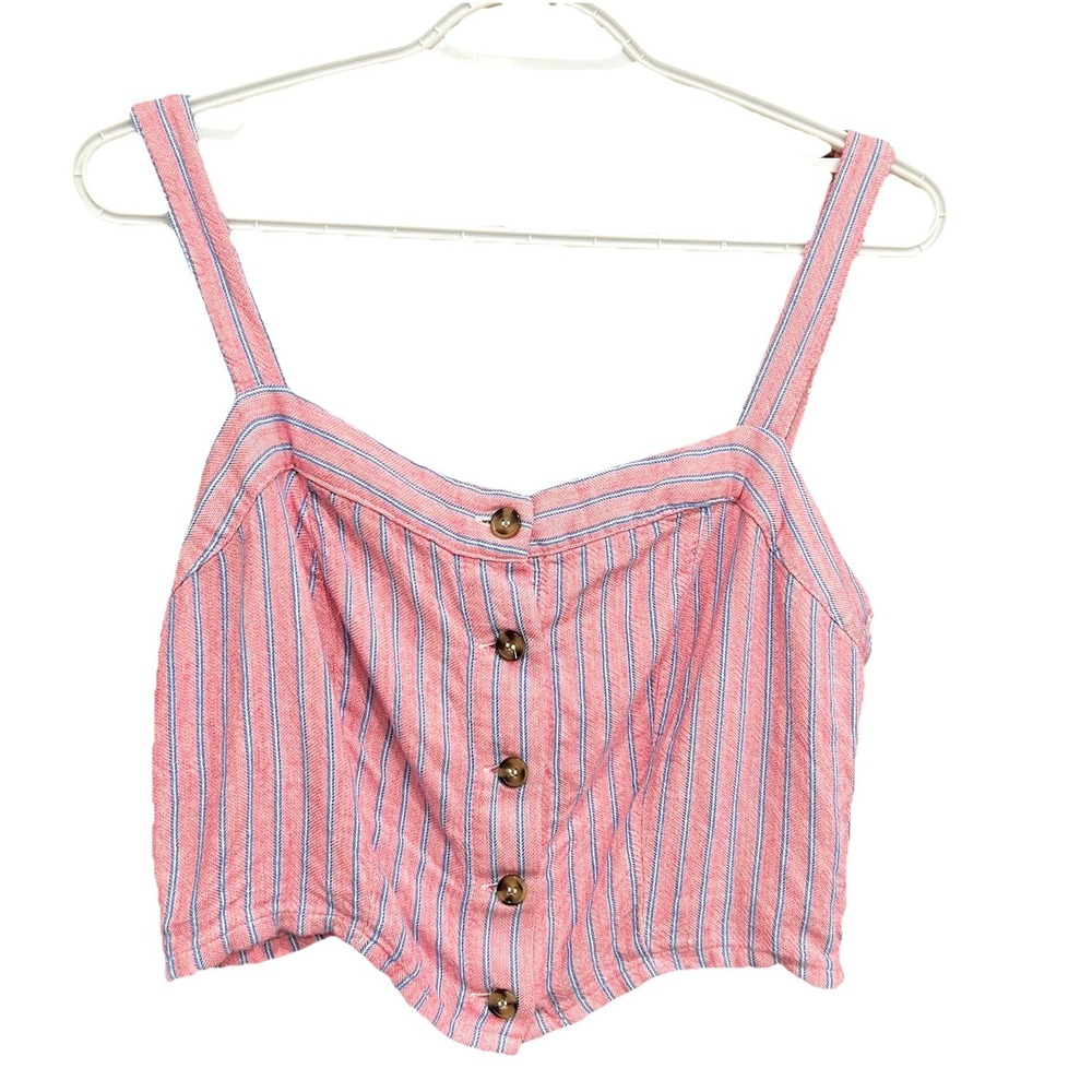 Ultra Flirt Tank Top Women's XL Pink Stripe Square Neck‎ Crop Button Front Linen